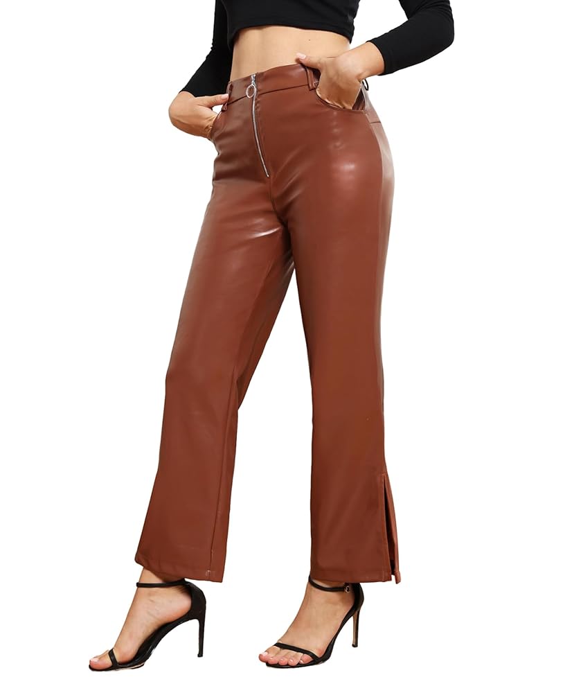 CXXQ Women's Faux Leather Pants High Waist Front Zipper Up
